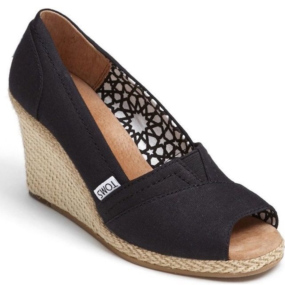 TOMS Calypso Black Peep Toe Espadrille Wedge